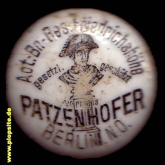 Picture of a ceramic Hutter stopper from: Patzenhofer Actien Brauerei Gesellschaft Friedrichsthöhe, Friedrichshain, Germany