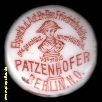 Picture of a ceramic Hutter stopper from: Patzenhofer Actien Brauerei Gesellschaft Friedrichshöhe, Friedrichshain, Germany
