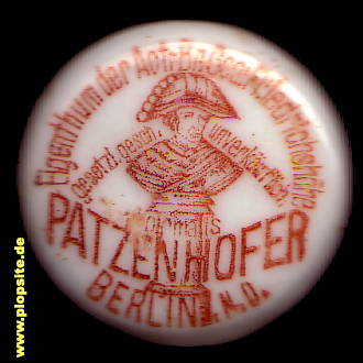 Picture of a ceramic Hutter stopper from: Patzenhofer Actien Brauerei Gesellschaft Friedrichsthöhe, Friedrichshain, Germany