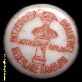 Picture of a ceramic Hutter stopper from: Patzenhofer Actien Brauerei Gesellschaft Hamburg, Friedrichshain, Germany