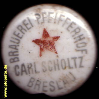Picture of a ceramic Hutter stopper from: Brauerei Pfeifferhof, Carl Scholtz, Breslau, Wrocław, Poland