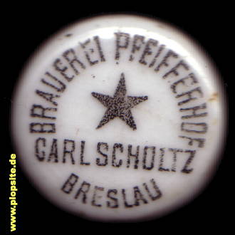 Picture of a ceramic Hutter stopper from: Brauerei Pfeifferhof, Carl Scholtz, Breslau, Wrocław, Poland