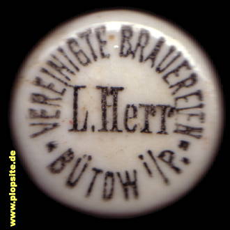 Picture of a ceramic Hutter stopper from: Vereinigte Brauereien L. Herr, Bütow, Bytów, Poland