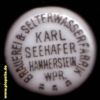 Picture of a ceramic Hutter stopper from: Brauerei & Selterwasserfabrik Karl Seehafer, Hammerstein, Czarne, Poland