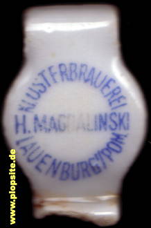 Picture of a ceramic Hutter stopper from: Klosterbrauerei Heinrich Magdalinski, Lauenburg i. Pom., Lębork, Poland