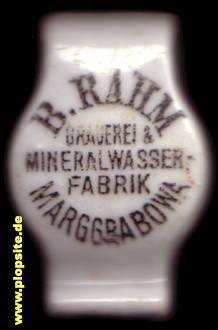 Picture of a ceramic Hutter stopper from: Brauerei & Mineralwasserfabrik Bernhard Rahm, Marggrabowa, Olecko, Treuburg, Alėcka, Poland